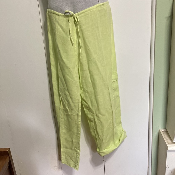 SPIRIT Linen Neon Lime Green Highlighter Drawstring Pants Womens Large - Picture 4 of 13